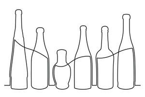 Sketch drawing of a bottle of different shapes in the style of one solid continuous line. Collection of alcoholic drinks vector