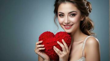 ai generado celebracion para San Valentín día con hermosa joven mujer sostiene un rojo corazón en su manos. foto