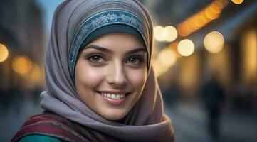 ai generado hermosa musulmán mujer sonriente y riendo vistiendo un hijab y decorado chal foto