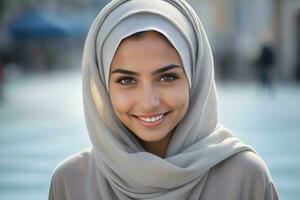 AI generated Beautiful Muslim woman smiling and laughing wearing a hijab and decorated shawl photo