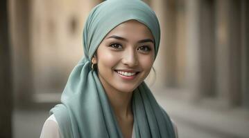 AI generated Beautiful Muslim woman smiling and laughing wearing a hijab and decorated shawl photo