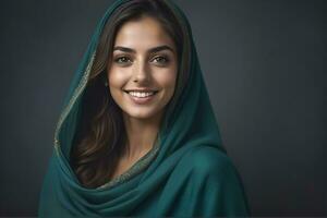 AI generated Beautiful Muslim woman smiling and laughing wearing a hijab and decorated shawl photo