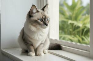 AI generated image of a cute cat seated on a windowsill photo