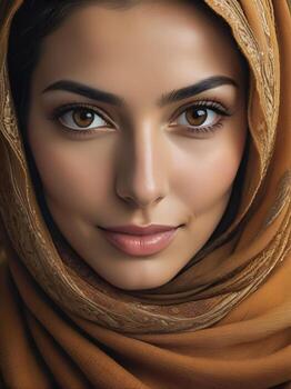 ai generado hermosa musulmán mujer sonriente y riendo vistiendo un hijab y decorado chal foto