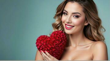 AI generated celebration for Valentine's Day with beautiful young woman holds a red heart in her hands. photo