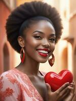 AI generated celebration for Valentine's Day with beautiful young woman holds a red heart in her hands photo