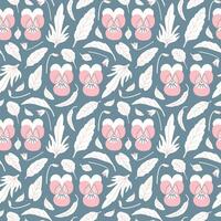 Seamless floral pattern with pansies and leaves in pink and grey-blue colors. Tender, elegant repeat for textile, paper design. vector