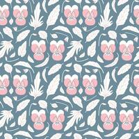 Seamless floral pattern with pansies and leaves in pink and grey-blue colors. Tender, elegant repeat for textile, paper design. vector