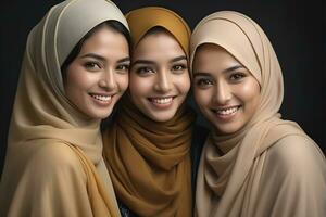 AI generated Beautiful group of Muslims women smiling and laughing wearing a hijab and decorated shawl photo