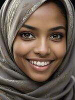 ai generado hermosa musulmán mujer sonriente y riendo vistiendo un hijab y decorado chal foto