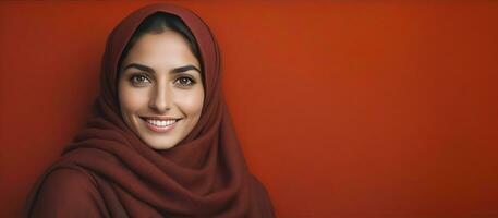 AI generated Beautiful Muslim woman smiling and laughing wearing a hijab and decorated shawl photo