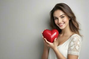 ai generado celebracion para San Valentín día con hermosa joven mujer sostiene un rojo corazón en su manos foto