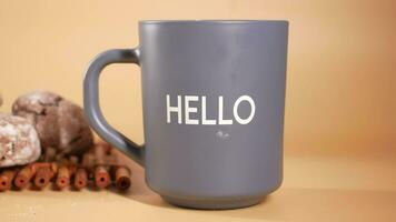 blue coffee cup with hello word video