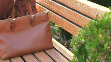 women with stylish casual purse sitting on park bench video