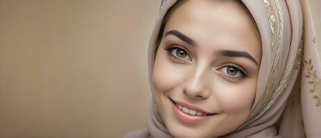 AI generated Beautiful Muslim woman smiling and laughing wearing a hijab and decorated shawl photo