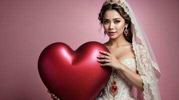 AI generated celebration for Valentine's Day with beautiful young woman holds a red heart in her hands. photo