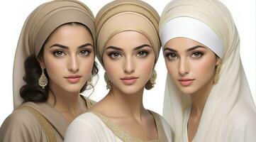 AI generated Beautiful group of Muslims women smiling and laughing wearing a hijab and decorated shawl photo