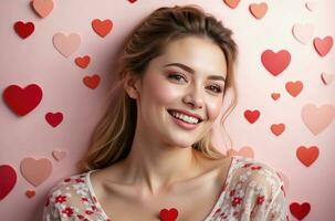 AI generated celebration for Valentine's Day with beautiful young woman holds a red heart in her hands. photo