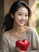 AI generated celebration for Valentine's Day with beautiful young woman holds a red heart in her hands photo