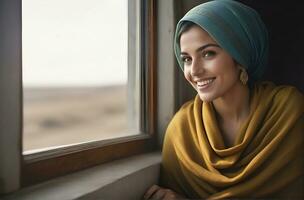 ai generado hermosa musulmán mujer sonriente y riendo vistiendo un hijab y decorado chal foto