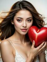 AI generated celebration for Valentine's Day with beautiful young woman holds a red heart in her hands. photo