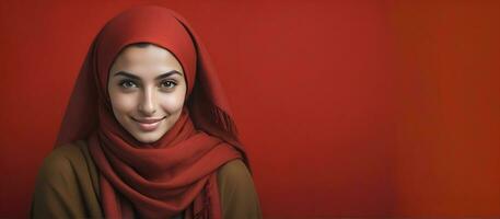 AI generated Beautiful Muslim woman smiling and laughing wearing a hijab and decorated shawl photo