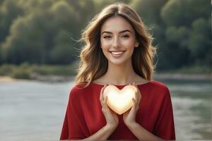 ai generado celebracion para San Valentín día con hermosa joven mujer sostiene un rojo corazón en su manos foto