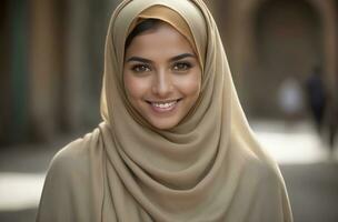 AI generated Beautiful Muslim woman smiling and laughing wearing a hijab and decorated shawl photo