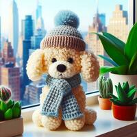 AI generated A cute, woolen fluffy dog wearing a hat and scarf sits on a window sill with a potted plant in the background photo