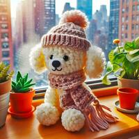 AI generated A cute woolen stuffed dog wearing a scarf and a hat on a window sill with a potted plant in the background photo