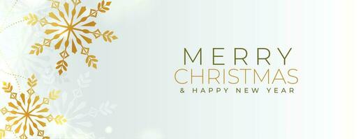 alegre Navidad y nuevo año dorado copos de nieve bandera diseño vector