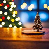 AI generated A fuzzy picture of a small Christmas tree on a wooden table with a lit tree in the background photo