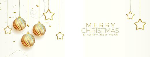 merry christmas white banner with realistic xmas balls decoration vector