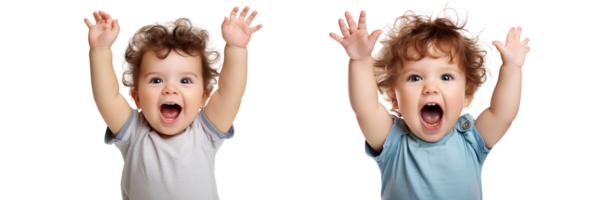 AI generated two children with their hands up in the air on transparent background png