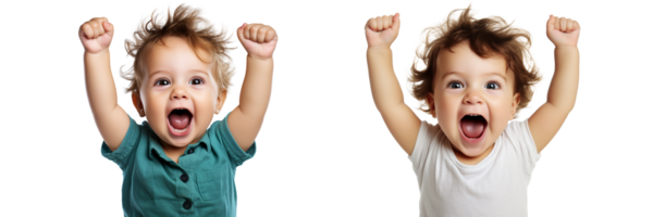 AI generated two children with their hands up in the air on transparent background png