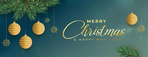 greeting banner for merry christmas event with 3d elements vector