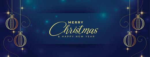 shiny merry christmas celebration banner with golden bauble vector