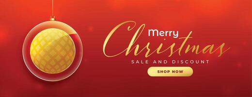 merry christmas sale banner with golden xmas ball on red background vector