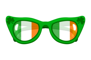 Cartoon isolated groovy green sunglasses with Irish flag and lucky green clover for a party on St Patricks Day. png