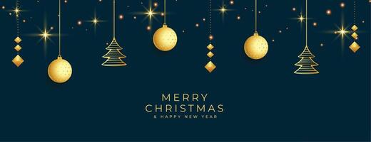 hanging style merry christmas banner with golden elements vector