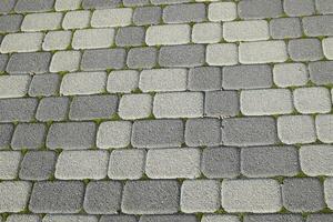 Industrial building background of paving slabs with overgrown wi photo