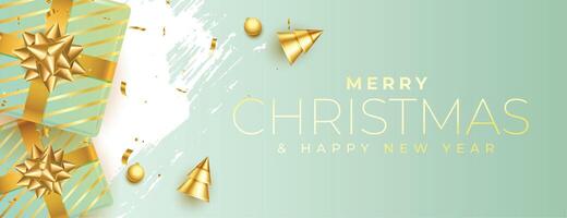 abstract merry christmas banner with 3d elements of gift boxes and golden tree vector