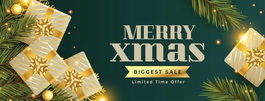 promotional christmas sale banner with realistic 3d gift boxes vector