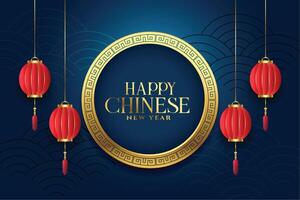 premium chinese new year greeting background with hanging lamp vector