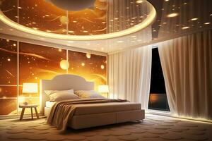 AI generated Luxurious bedroom with a double bed in the center and a luminous ceiling photo