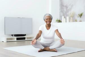 AI generated Elderly African American woman smiling while practicing yoga at home photo