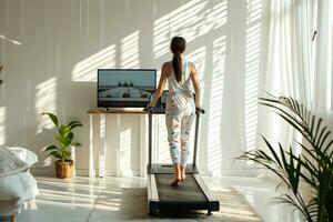 AI generated Tranquil Treadmill Time in a Light-Filled Living Room photo