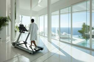 AI generated Man in White Robe Enjoying Cozy Cardio on Treadmill with Ocean View photo