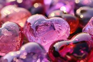 ai generado cristal corazones de cerca. un San Valentín día composición foto