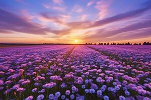 AI generated Sunrise Over Lavender-Colored Flower Field photo